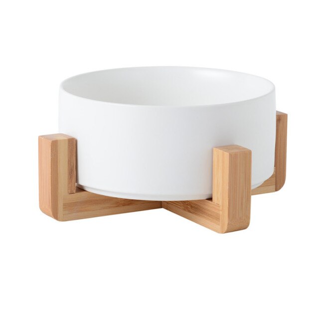 Ceramic Feeder With Wooden Stand Dia:16cmH:6.5cm White