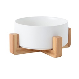 [6920210507310LWH] Ceramic Feeder With Wooden Stand Dia:26cm H:10.5cm White